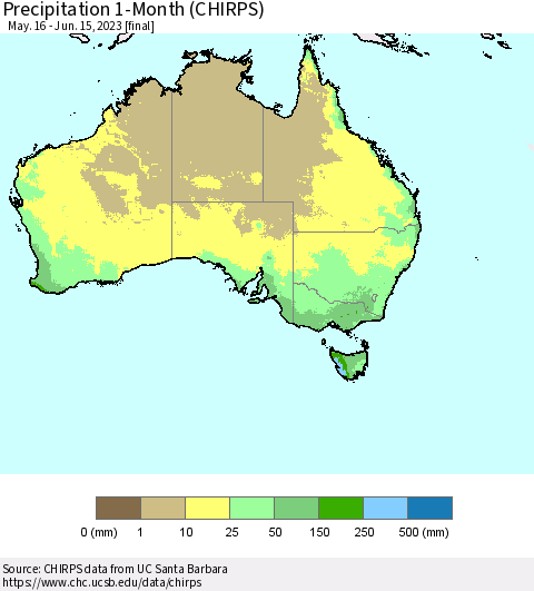Australia Precipitation 1-Month (CHIRPS) Thematic Map For 5/16/2023 - 6/15/2023