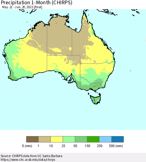 Australia Precipitation 1-Month (CHIRPS) Thematic Map For 5/21/2023 - 6/20/2023