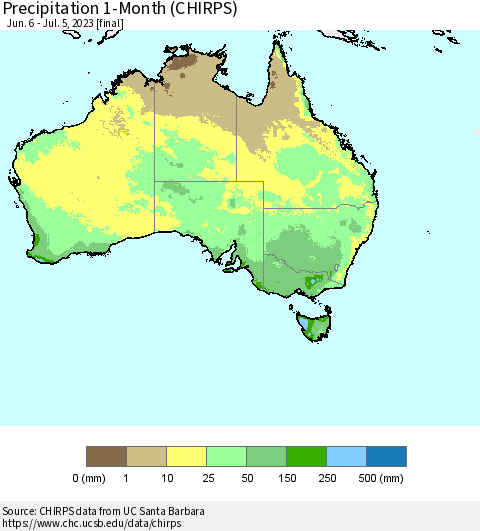 Australia Precipitation 1-Month (CHIRPS) Thematic Map For 6/6/2023 - 7/5/2023