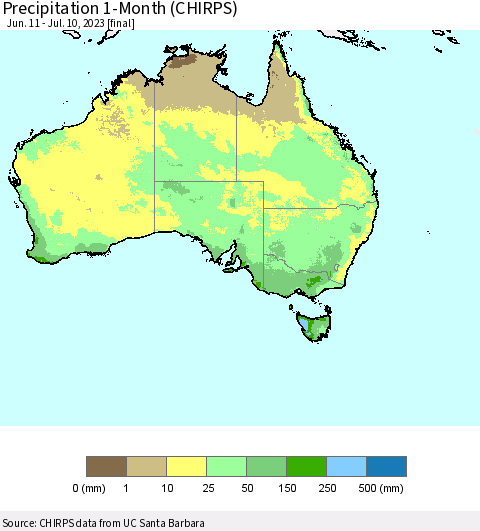 Australia Precipitation 1-Month (CHIRPS) Thematic Map For 6/11/2023 - 7/10/2023