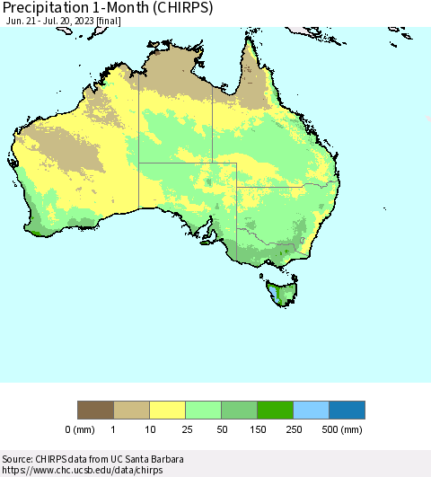 Australia Precipitation 1-Month (CHIRPS) Thematic Map For 6/21/2023 - 7/20/2023