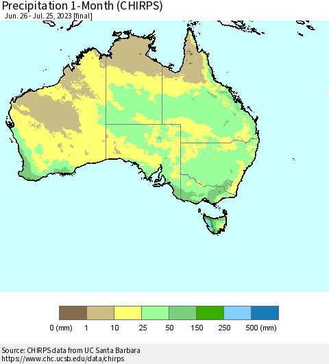 Australia Precipitation 1-Month (CHIRPS) Thematic Map For 6/26/2023 - 7/25/2023