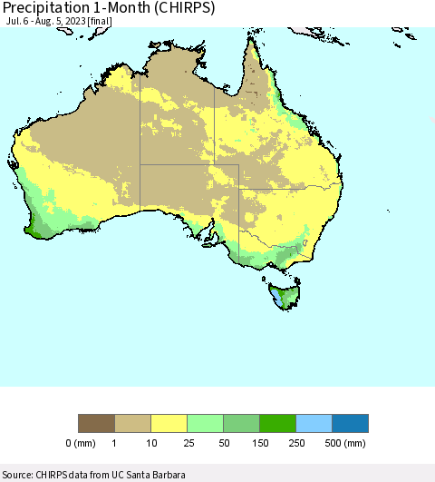Australia Precipitation 1-Month (CHIRPS) Thematic Map For 7/6/2023 - 8/5/2023