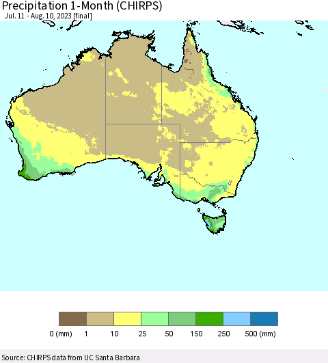 Australia Precipitation 1-Month (CHIRPS) Thematic Map For 7/11/2023 - 8/10/2023