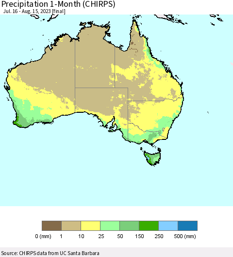 Australia Precipitation 1-Month (CHIRPS) Thematic Map For 7/16/2023 - 8/15/2023
