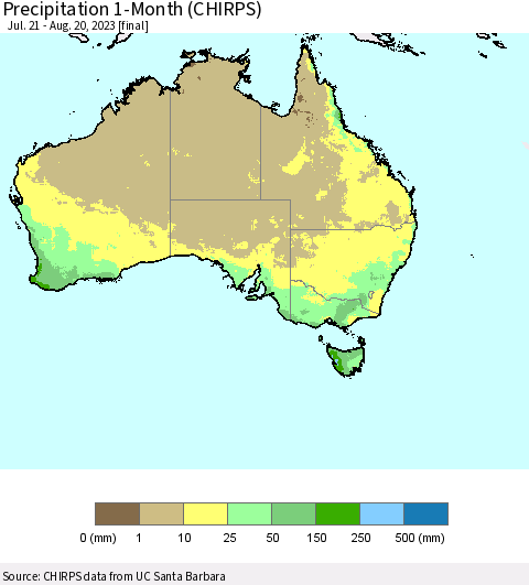 Australia Precipitation 1-Month (CHIRPS) Thematic Map For 7/21/2023 - 8/20/2023