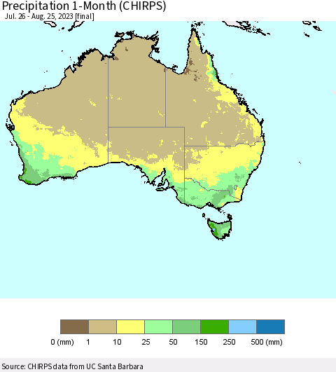 Australia Precipitation 1-Month (CHIRPS) Thematic Map For 7/26/2023 - 8/25/2023
