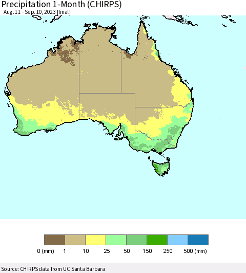 Australia Precipitation 1-Month (CHIRPS) Thematic Map For 8/11/2023 - 9/10/2023