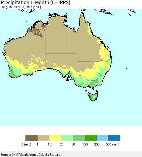 Australia Precipitation 1-Month (CHIRPS) Thematic Map For 8/16/2023 - 9/15/2023