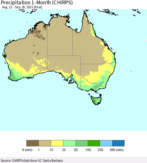 Australia Precipitation 1-Month (CHIRPS) Thematic Map For 8/21/2023 - 9/20/2023