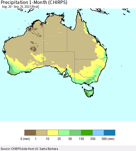 Australia Precipitation 1-Month (CHIRPS) Thematic Map For 8/26/2023 - 9/25/2023