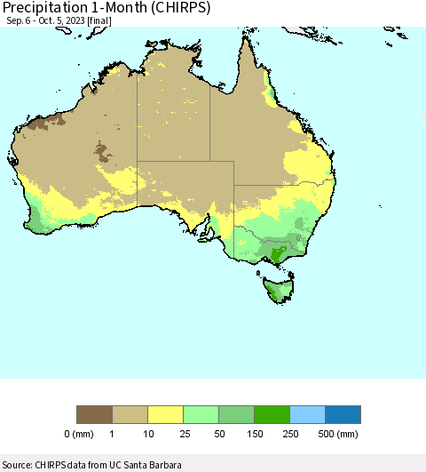 Australia Precipitation 1-Month (CHIRPS) Thematic Map For 9/6/2023 - 10/5/2023