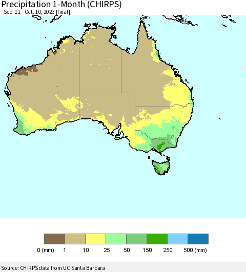 Australia Precipitation 1-Month (CHIRPS) Thematic Map For 9/11/2023 - 10/10/2023