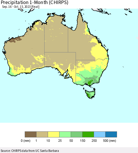 Australia Precipitation 1-Month (CHIRPS) Thematic Map For 9/16/2023 - 10/15/2023
