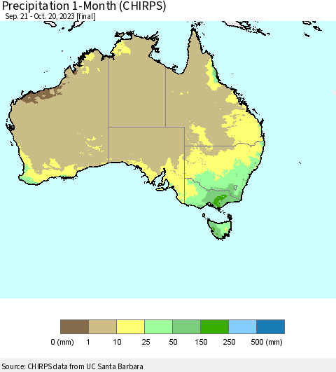 Australia Precipitation 1-Month (CHIRPS) Thematic Map For 9/21/2023 - 10/20/2023