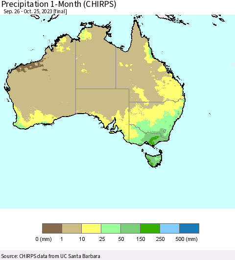 Australia Precipitation 1-Month (CHIRPS) Thematic Map For 9/26/2023 - 10/25/2023