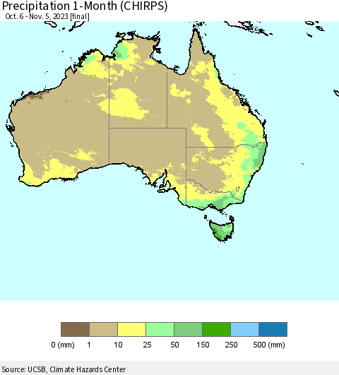 Australia Precipitation 1-Month (CHIRPS) Thematic Map For 10/6/2023 - 11/5/2023
