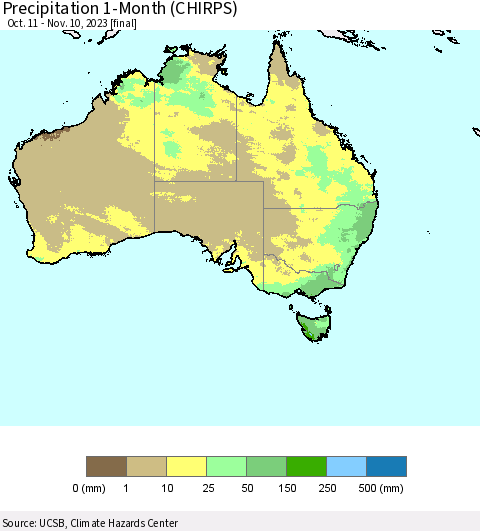Australia Precipitation 1-Month (CHIRPS) Thematic Map For 10/11/2023 - 11/10/2023