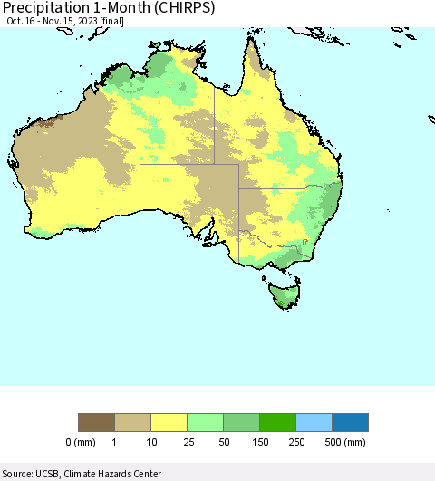 Australia Precipitation 1-Month (CHIRPS) Thematic Map For 10/16/2023 - 11/15/2023