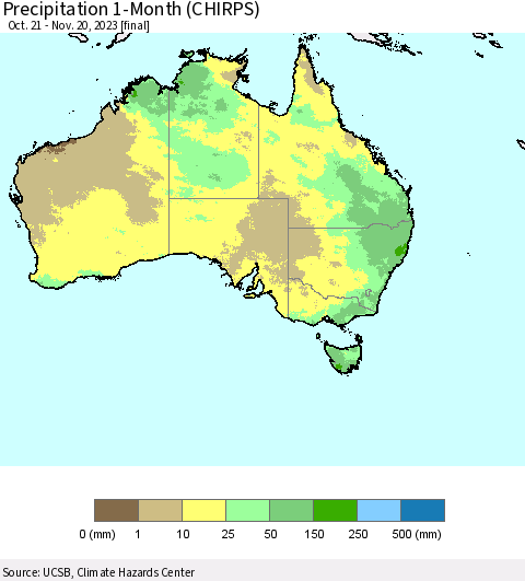 Australia Precipitation 1-Month (CHIRPS) Thematic Map For 10/21/2023 - 11/20/2023