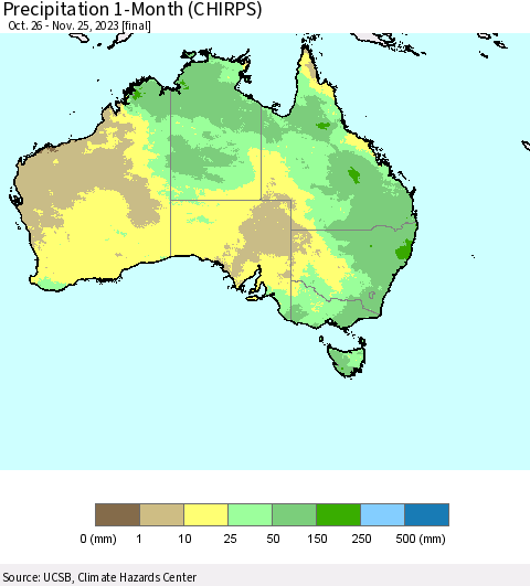 Australia Precipitation 1-Month (CHIRPS) Thematic Map For 10/26/2023 - 11/25/2023