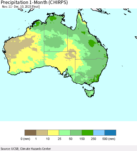 Australia Precipitation 1-Month (CHIRPS) Thematic Map For 11/11/2023 - 12/10/2023