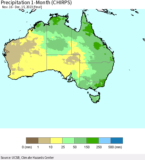 Australia Precipitation 1-Month (CHIRPS) Thematic Map For 11/16/2023 - 12/15/2023