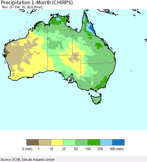 Australia Precipitation 1-Month (CHIRPS) Thematic Map For 11/21/2023 - 12/20/2023