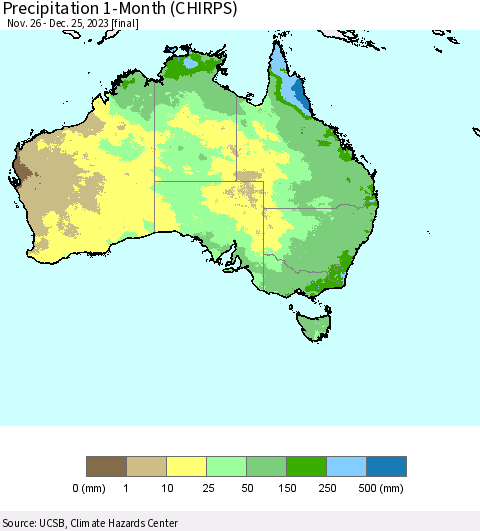 Australia Precipitation 1-Month (CHIRPS) Thematic Map For 11/26/2023 - 12/25/2023