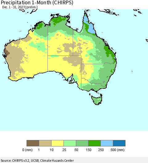 Australia Precipitation 1-Month (CHIRPS) Thematic Map For 12/1/2023 - 12/31/2023