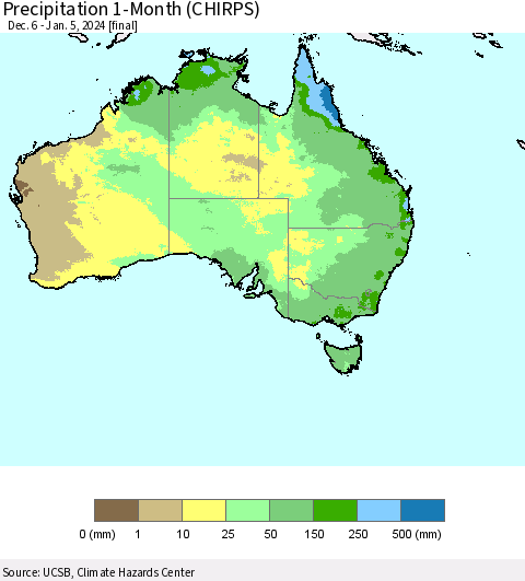 Australia Precipitation 1-Month (CHIRPS) Thematic Map For 12/6/2023 - 1/5/2024