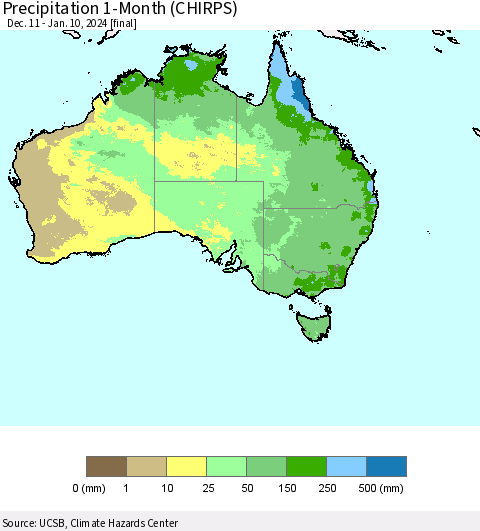 Australia Precipitation 1-Month (CHIRPS) Thematic Map For 12/11/2023 - 1/10/2024
