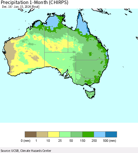 Australia Precipitation 1-Month (CHIRPS) Thematic Map For 12/16/2023 - 1/15/2024