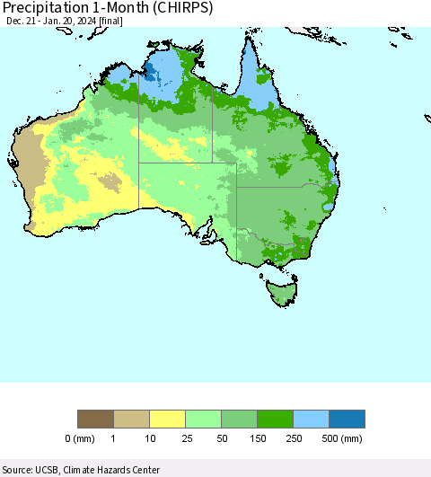 Australia Precipitation 1-Month (CHIRPS) Thematic Map For 12/21/2023 - 1/20/2024