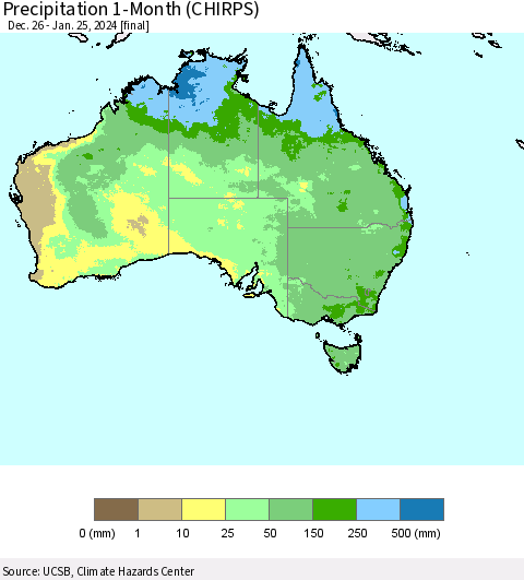 Australia Precipitation 1-Month (CHIRPS) Thematic Map For 12/26/2023 - 1/25/2024