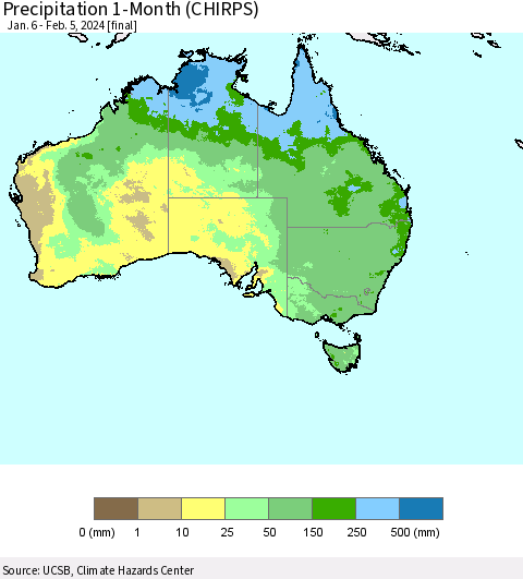 Australia Precipitation 1-Month (CHIRPS) Thematic Map For 1/6/2024 - 2/5/2024