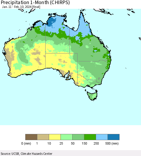 Australia Precipitation 1-Month (CHIRPS) Thematic Map For 1/11/2024 - 2/10/2024