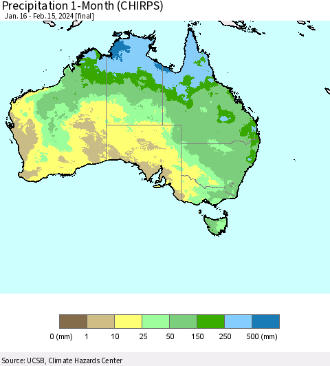 Australia Precipitation 1-Month (CHIRPS) Thematic Map For 1/16/2024 - 2/15/2024