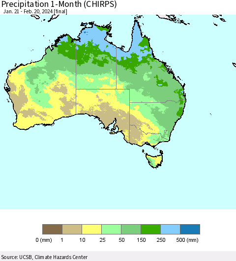 Australia Precipitation 1-Month (CHIRPS) Thematic Map For 1/21/2024 - 2/20/2024