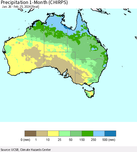 Australia Precipitation 1-Month (CHIRPS) Thematic Map For 1/26/2024 - 2/25/2024