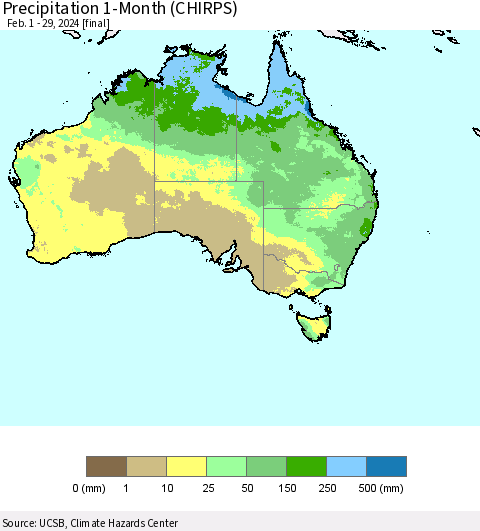 Australia Precipitation 1-Month (CHIRPS) Thematic Map For 2/1/2024 - 2/29/2024