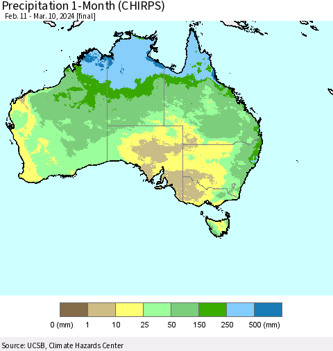 Australia Precipitation 1-Month (CHIRPS) Thematic Map For 2/11/2024 - 3/10/2024