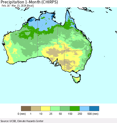 Australia Precipitation 1-Month (CHIRPS) Thematic Map For 2/16/2024 - 3/15/2024