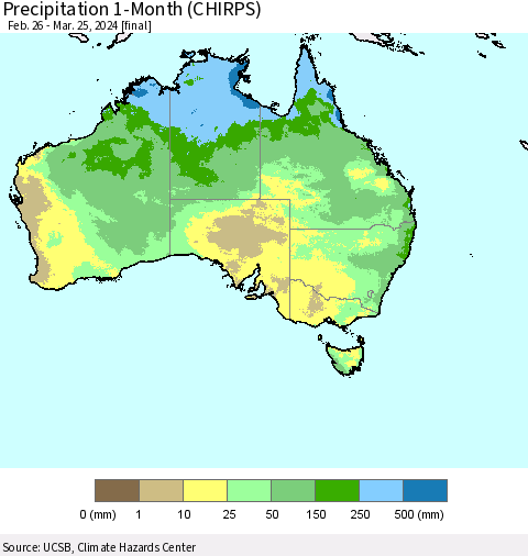 Australia Precipitation 1-Month (CHIRPS) Thematic Map For 2/26/2024 - 3/25/2024