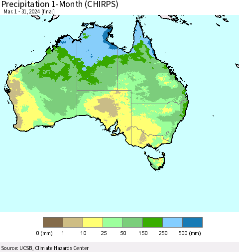 Australia Precipitation 1-Month (CHIRPS) Thematic Map For 3/1/2024 - 3/31/2024