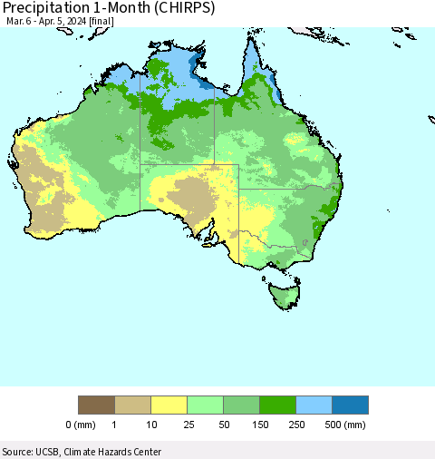 Australia Precipitation 1-Month (CHIRPS) Thematic Map For 3/6/2024 - 4/5/2024