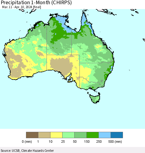 Australia Precipitation 1-Month (CHIRPS) Thematic Map For 3/11/2024 - 4/10/2024