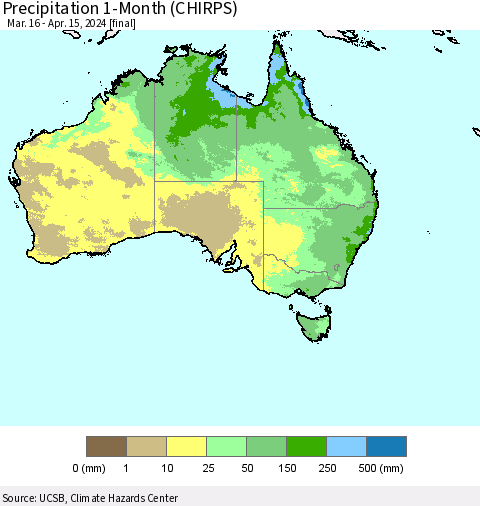 Australia Precipitation 1-Month (CHIRPS) Thematic Map For 3/16/2024 - 4/15/2024