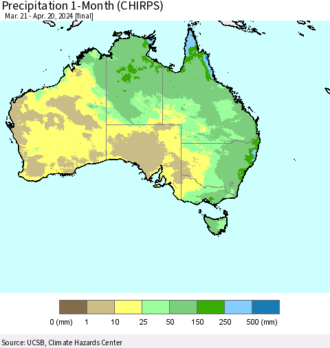 Australia Precipitation 1-Month (CHIRPS) Thematic Map For 3/21/2024 - 4/20/2024