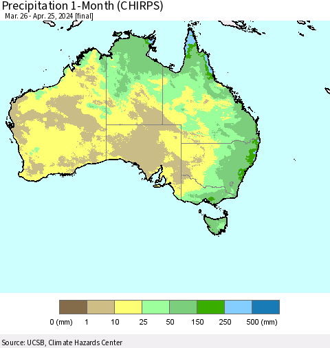 Australia Precipitation 1-Month (CHIRPS) Thematic Map For 3/26/2024 - 4/25/2024